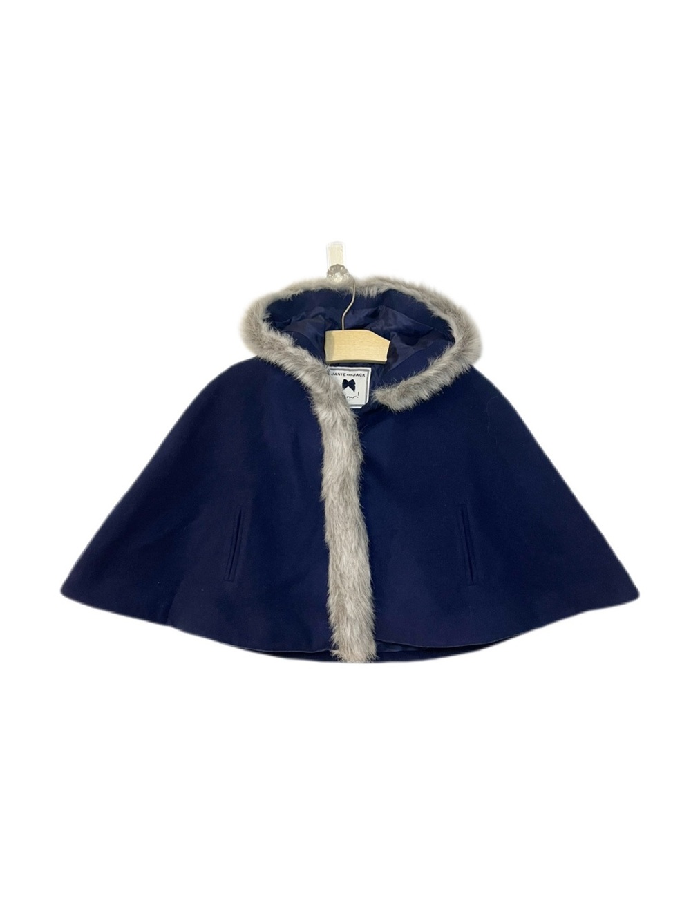 NWT Janie and Jack 2-3Y Girls Navy Blue Hooded Winter Cape with Faux Fur Trim
